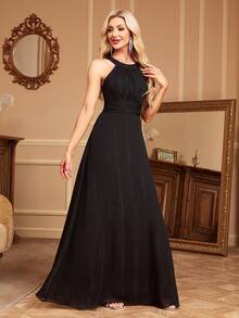 优雅女士无袖褶皱雪纺正式晚礼服，夏季露背黑色雪纺正式派对长裙，适合婚礼宾客、鸡尾酒会、伴娘、舞会等场合。 - 黑色 - 查看 8