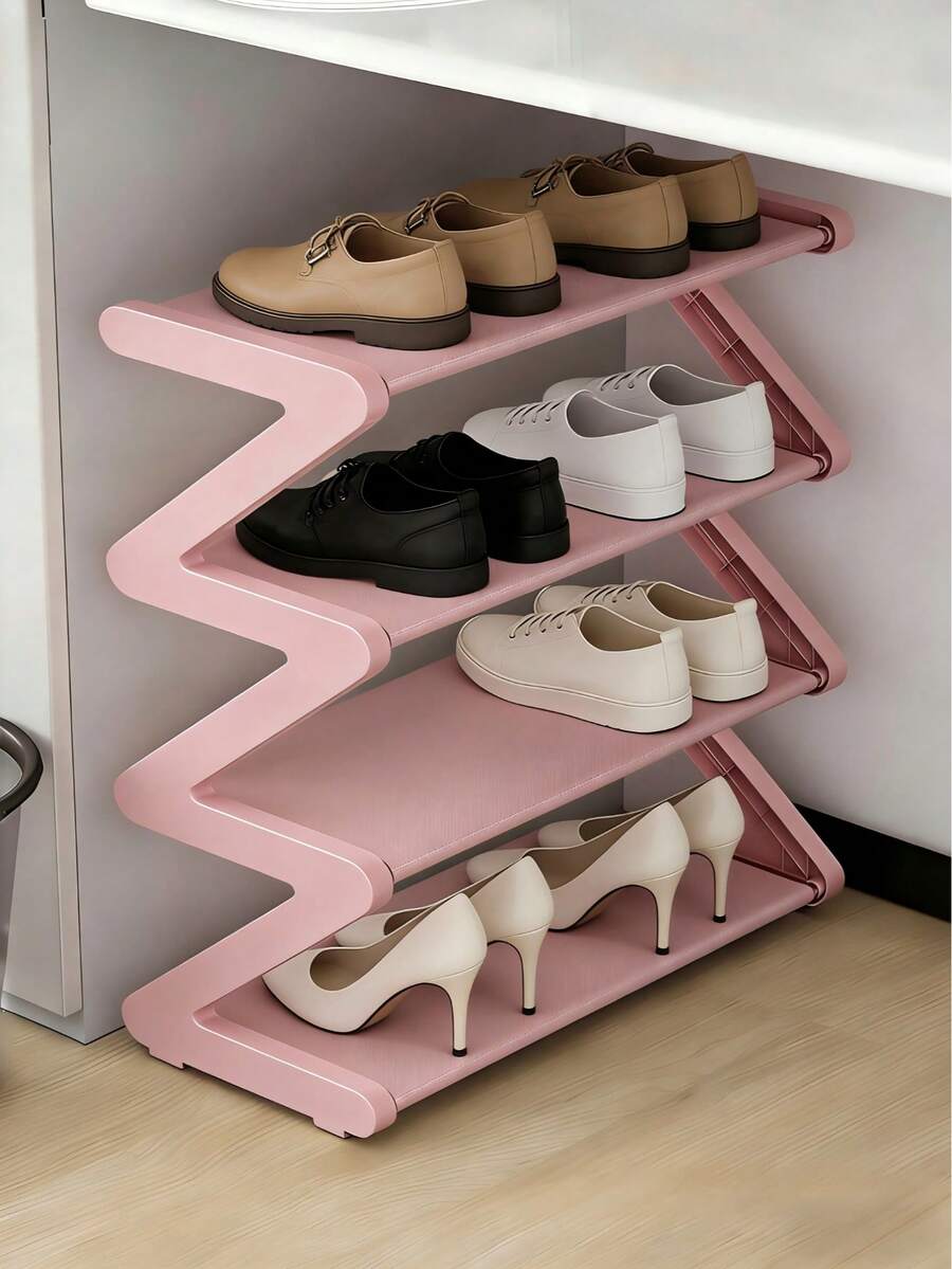 1个四层落地式鞋架 - Z字形可堆叠鞋架，金属框架和塑料层板，无需工具即可组装，承重4公斤，适用于玄关、客厅、宿舍，节省空间的地面收纳，经久耐用，是居家和宿舍的必备单品，鞋架，玄关收纳架，现代美学，结构坚固，简约设计，易于组装，适合公寓住户