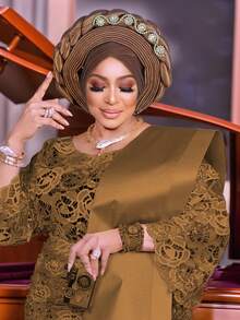 1pc Royal Blue Satin Braided Gele Turban For Women, Rhinestone Embellished African Headwrap For Wedding & Party Occasions - A - 查看 17