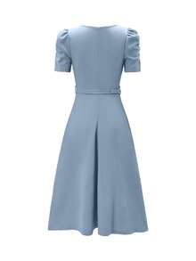 Women's Elegant V-Neck Ruffle Hem Solid Color Dress, Asymmetric/Irregular Midi Dress For Elegant Occasions, Weddings, Office, Daily Wear, Spring/Summer - Baby Blue - View 5