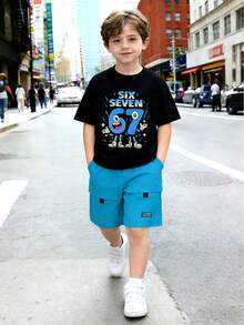 8-12 Years Old Boys' Street Style Outfit, Black Cartoon Digital Print Short Sleeve Tee + Light Blue Multi-Pocket Cargo Shorts, Breathable Soft Wrinkle-Resistant, Suitable For School, Outdoor Play, Weekend Outings - Blue - View 1