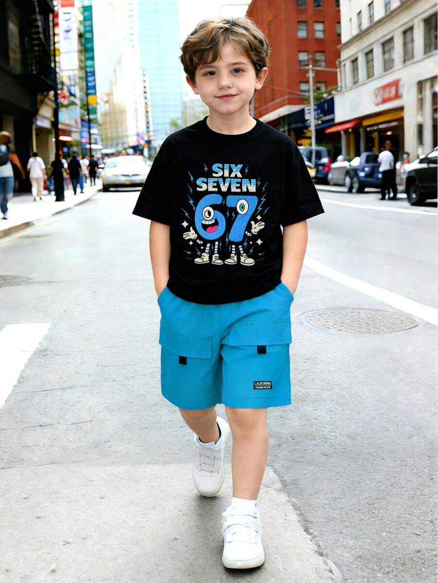 8-12 Years Old Boys' Street Style Outfit, Black Cartoon Digital Print Short Sleeve Tee + Light Blue Multi-Pocket Cargo Shorts, Breathable Soft Wrinkle-Resistant, Suitable For School, Outdoor Play, Weekend Outings - Blue - View 1