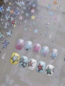1片5D星星美甲贴纸，白色、粉色、蓝色、激光银、金色星星美甲贴纸，不对称星星美甲贴纸，自粘美甲用品及装饰品，女士适用 - 彩色 - 查看 5
