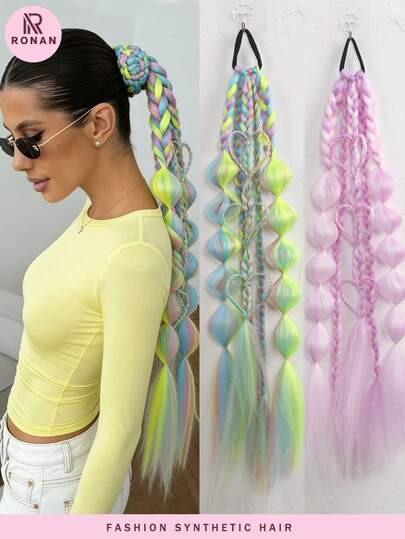 24 Inch 1pc Rainbow Colorful Bubble Braid Elastic Ponytail, Multi-Color Mixed Hairpiece, Suitable For Parties, Cosplay And Festivals