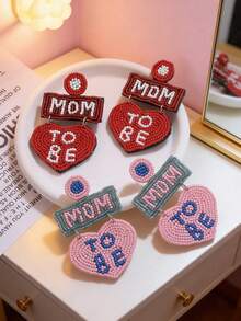 1 Pair "MOM TO BE" Rice Bead Pearl Drop Earrings, Mother's Day Creative Gift Handmade Heart Letter Pendant Earrings, Mother's Day Gift - Multicolor - View 2