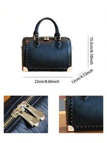 2025 New Fashionable High-End Women's Handbag, Large Capacity Boston Cushion Bag, Vintage Rivet Box Shoulder Bag, Versatile Personalized Street-Style Top Handle Satchel, Structured Box Bag - 彩色 - 查看 4