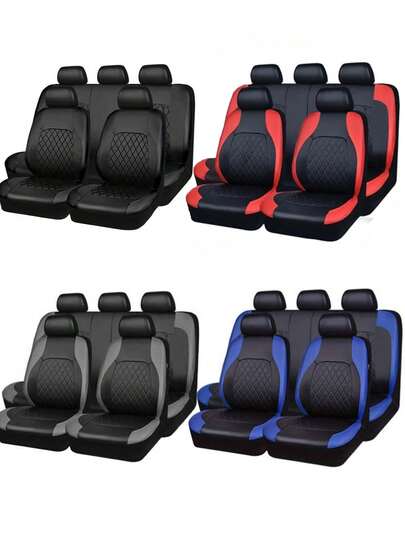 Full Set PU Leather Car Seat Covers, Single-Line Diamond Quilted PU Leather Upholstery, Suitable For Airbags, Breathable And Durable, Water-Resistant, Prevent Car Seat From Stains, Dust And Liquid Splash