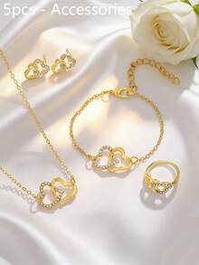 6件套优雅奢华女士石英表套装，包括金色合金表带、方形白色表盘罗马数字女士石英表，以及配套的双心镶嵌手链、项链、耳环和戒指，采用柔和的金色调和浪漫的双心元素设计，是一款奢华的女士配饰套装。 - 金色 - 查看 7