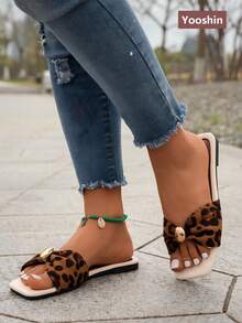 Nuevas sandalias de mujer, diseño de punta cuadrada, decoración de lazo fresca, hebilla dorada de alta gama, slip-on, ligeras y cómodas, para combinar y combinar, casuales, para el hogar/exterior, estilo de resort campestre, sandalias de playa de moda callejera - Estampado de leopardo - Ver 4