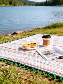 MineLain 1pc Bohemian Spring/Summer Red Geometric Tablecloth, Rectangular Table Runner, Green Tassel Decor, Can Be Used As Picnic Mat, Rectangular Tablecloth, Coffee Table, Bedside Table Cover, Tabletop Decoration, Suitable For Country Farmhouse Home Kitchen Dining Room, Living Room, Gathering, Party, Picnic, Camping, Holiday Wedding Decor, Daily Home Decor, All Seasons Use, Spring/Summer Decor - Multicolor - View 3
