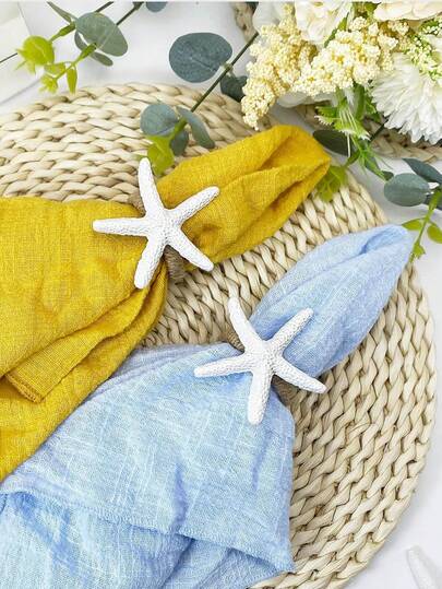 1-12pcs Handmade Woven Linen Rope White Resin Starfish Napkin Rings, Suitable For Outdoor, Themed, Holiday Table Decor