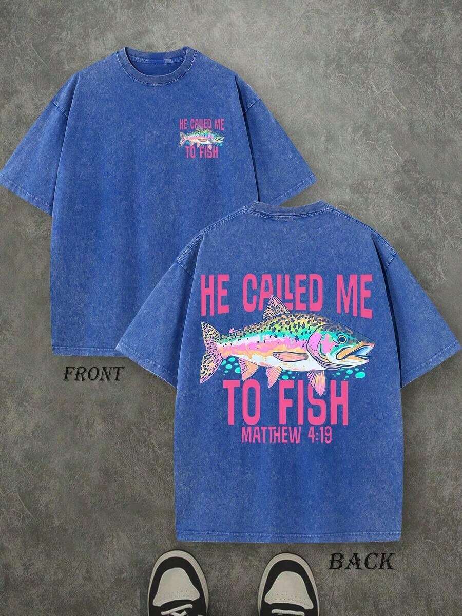 Camisetas nuevas de moda para hombres de primavera y verano. Camiseta retro lavada con estampado de doble cara (camiseta de 230 gramos de algodón puro) con estampado de la frase 'ME LLOVIO PARA PESCAR' y diseño de pez, camiseta casual para hombre, cómoda, a la moda, estilo urbano, de algodón. - Café integral - Ver 1