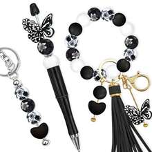 28pcs Silicone Beads, Black & White Bowknot Heart Rose Floral Print Design, Suitable For Jewelry Making, DIY Bracelets, Lanyards, Beaded Pens, Holiday Decorations And Crafts - Ideal Birthday, Spring/Summer, Father's Day, Mother's Day Gift Accessories - Beading Kit, Beading Supplies - 28pcs - View 6