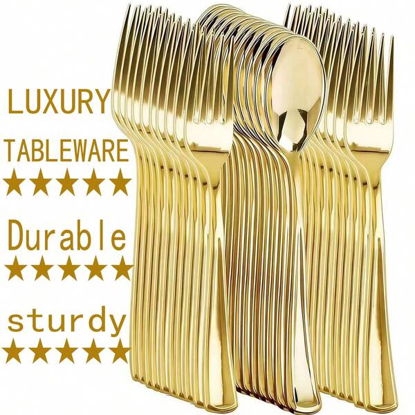 300/150/200/100/50/25/10pcs Gold Luxury Tableware Set, Gold Flatware Set, Suitable For Party, Wedding, Birthday, Family Gathering, Outdoor BBQ, Camping, Banquet, School, Graduation Ceremony, Holiday Party And More. Full Tableware Set, Full Kitchen Utensils, Cake Fork, Dessert Spoon, Salad Fork, Pasta Fork & Spoon, Washable And Reusable