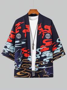 Bata con estampado de máscara de demonio Prajnaparamita de manga 3/4, Cárdigan suelto y oscuro indiferente para protección solar, Chaqueta kimono para hombres - Negro - Ver 4