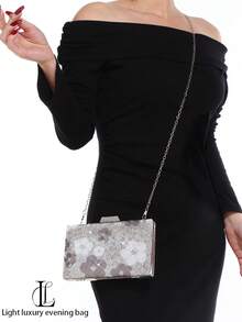 Women's Floral Sequin Evening Clutch Bag, Silver Glitter Square Box Bag, Wedding Party Prom Crossbody Bag (Random Pattern) - Silver - View 8