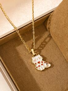 Colar com pingente de gato em esmalte banhado a ouro 14K, resistente à oxidação e ao desbotamento. Acabamento clássico em esmalte, textura fina, design adorável de gato, primorosamente trabalhado e confortável de usar. Ideal como presente para filhas, amigas e adolescentes, um presente perfeito com valor decorativo e divertido. - Ouro amarelo - Ver 4
