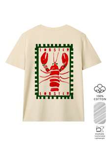 This Loose Drop-Shoulder Cotton Tee Has A Lobster Stamp Print. Retro Preppy Style, Comfy And Ideal For Daily Commutes And Leisure Outings. Casual - Apricot - View 2