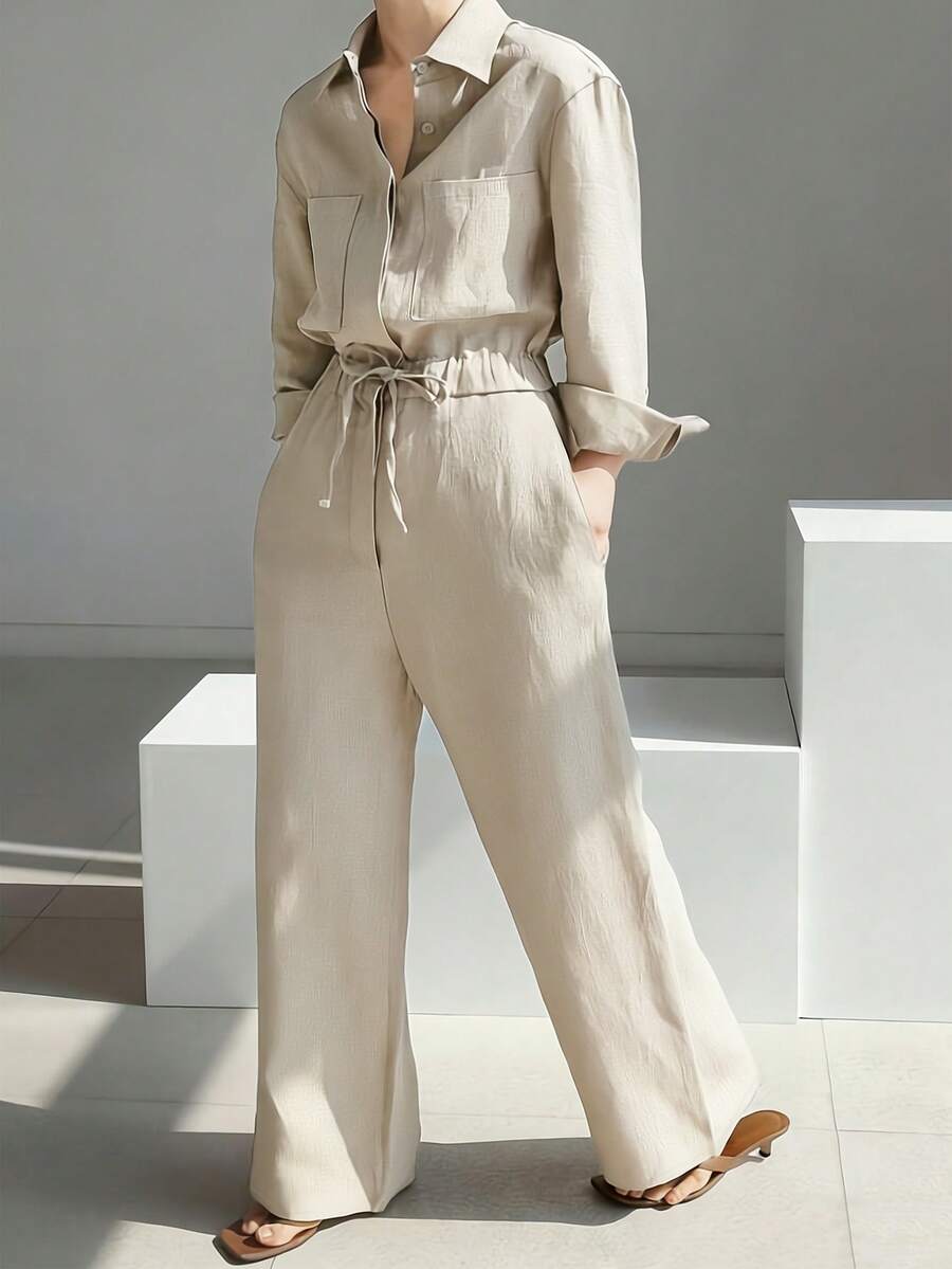 女款時尚休閒素色翻領長袖連身褲 梭織無彈力修身版型 - 杏色 - 查看 1