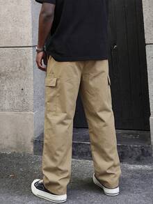Pantalones cargo de hombre de color caqui tejido, cintura elástica con cordón, bolsillos laterales dobles, pantalones casuales - Caqui - Ver 3