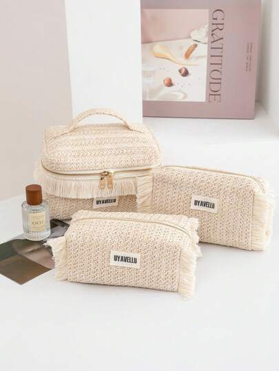 1个/3个大容量化妆包，草编旅行洗漱包，流苏沙滩包，拉链便携旅行洗漱包，方便收纳包，旅行必备，返校用品，柔软布艺化妆包套装，时尚女士钱包和手提包，适合居家、旅行、度假和上学，卧室必备，伴娘礼物，母亲节礼物，生日礼物