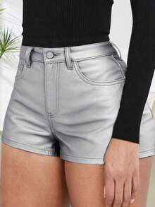 Women's Solid Color Metallic PU Leather Pocket Sexy Shorts Black Summer - 黑色 - 查看 10