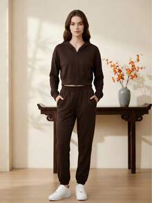Comfortable Women's Casual Set With Zipper And Jogger Pants – Perfect For Everyday Wear And Maximum Comfort - 咖啡棕 - 查看 1