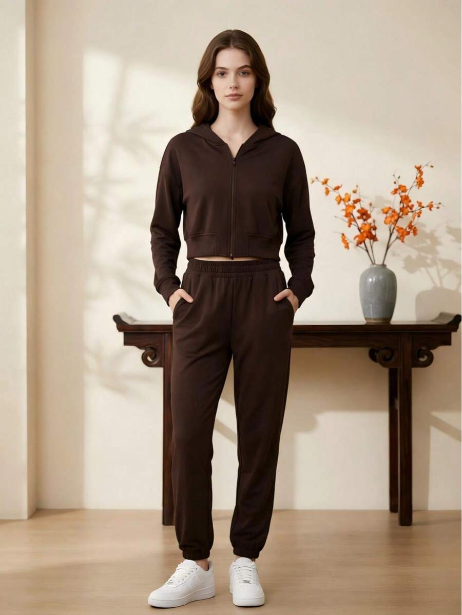 Comfortable Women's Casual Set With Zipper And Jogger Pants – Perfect For Everyday Wear And Maximum Comfort - 咖啡棕 - 查看 1