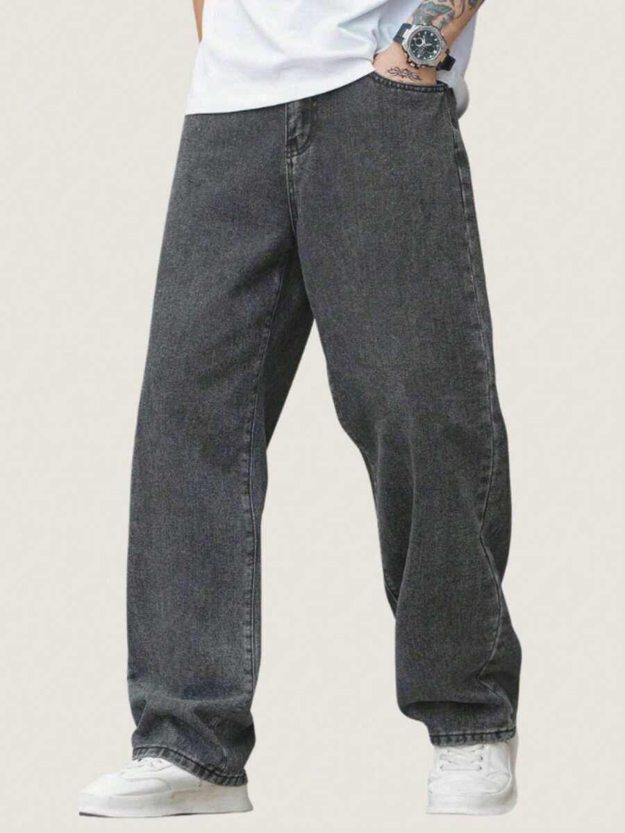 Balloon Pants Men's Jeans Bag Wide Leg Streetwear Faded Graphite Gray - Grey - View 1