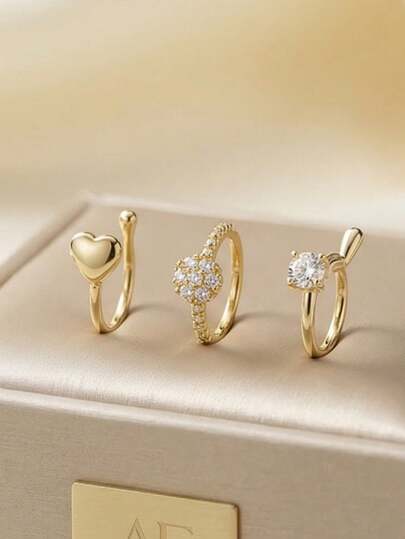 3pcs Set Luxury Vintage French Style Adjustable U-Shaped Nose Clip, Brass Material With Cubic Zirconia Flower, Heart, Fish Nose Rings, Elegant & Fashionable Nose Accessories For Women, Suitable For Daily, Party, Holiday, Wedding, Gift For Mother, Girlfriend, Daughter, Teacher