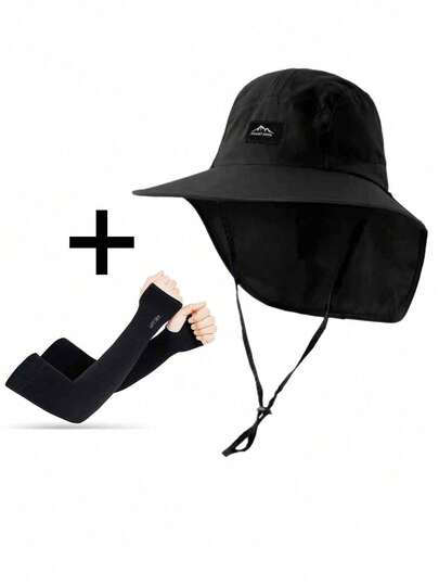 2pcs/Set Solid Color Graphic Letter Embroidered Bucket Hat & Ice Sleeve Set, Fashionable And Versatile, Made Of Polyester, Suitable For Outdoor Activities Like Hiking, Camping, Travel, Great Gift For Family, Friends, Boyfriend/Girlfriend, Suitable For Christmas, Mother's Day, Father's Day, Teacher's Day, Birthday