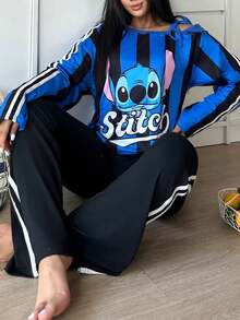 Disney Bộ 2 món áo thun dài cổ yếm và quần dài màu đen Stitch dành cho nữ, chất liệu co giãn, thân thiện với da, thoải mái, thanh lịch, lãng mạn, quyến rũ, dễ thương, thích hợp cho kỳ nghỉ hè/thu. - màu đen - Xem 3