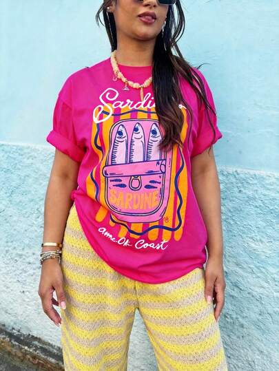 Camiseta de manga corta con estampado de sardinas, cuello redondo, longitud regular para mujer de talla grande