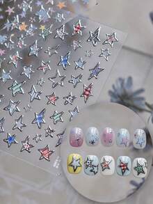 1片5D星星美甲贴纸，白色、粉色、蓝色、激光银、金色星星美甲贴纸，不对称星星美甲贴纸，自粘美甲用品及装饰品，女士适用 - 彩色 - 查看 2
