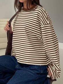 Women's Casual Top, Striped Contrast Ribbed Knit, Everyday Wear, Spring/Autumn - Apricot Brown - View 4