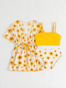 Kleine Mädchen Einfarbiges Camisole Top und Dreieck Bikini Badeanzug Set mit Überwurfkleid - Rötlich-braun - Übersicht 1
