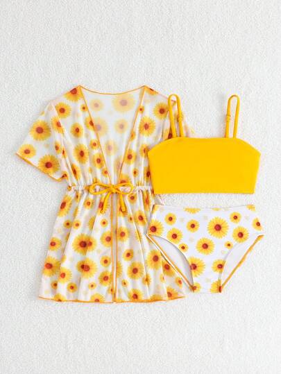 Young Girl Solid Color Camisole Top And Triangle Bikini Swimsuit Set With Cover-Up Dress