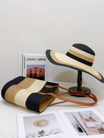 条纹草帽及手提包套装，女士时尚百搭遮阳帽，大容量手提包，适合户外旅行及通勤。