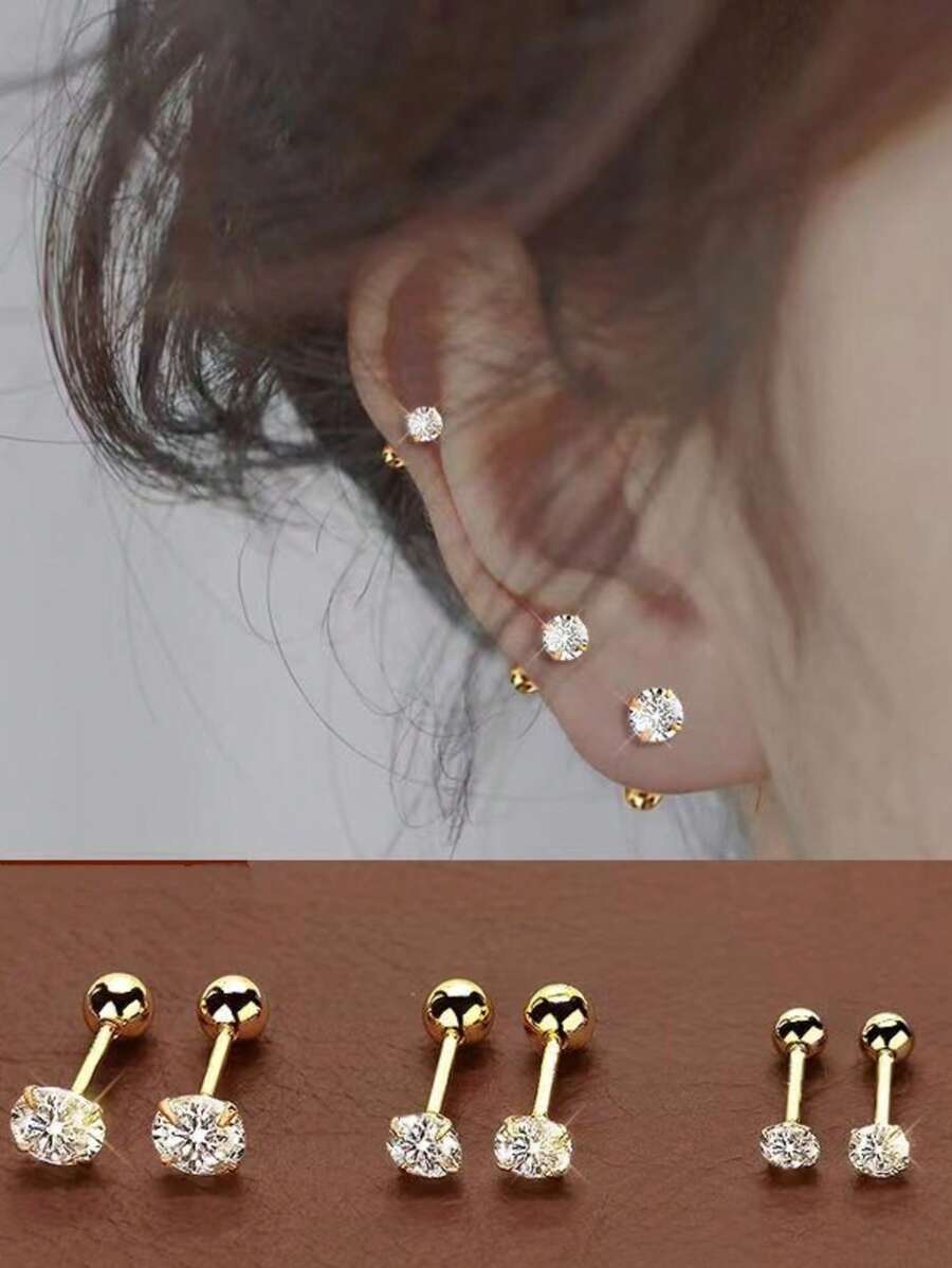 3 Pairs 18K Gold Plated Stainless Steel Classic Round Stud Earrings Set, Fashion Hypoallergenic Daily Wear Jewelry Gift For Women - Earring Set - View 1