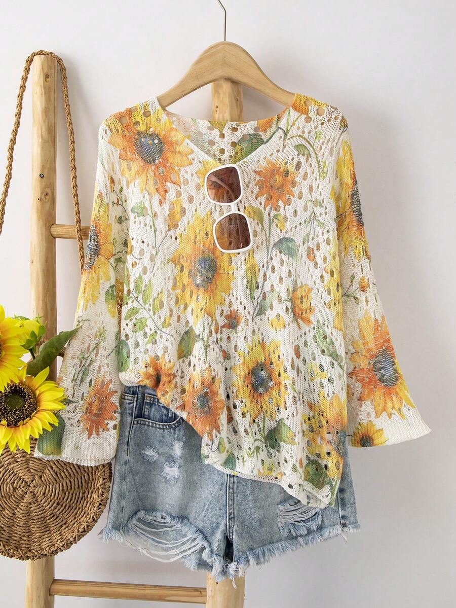 Áo len nữ cổ chữ V in họa tiết khoét lỗ dáng rộng, áo len tay ngắn mùa hè, áo kiểu casual sành điệu cho kỳ nghỉ - Nhiều màu - Xem 1