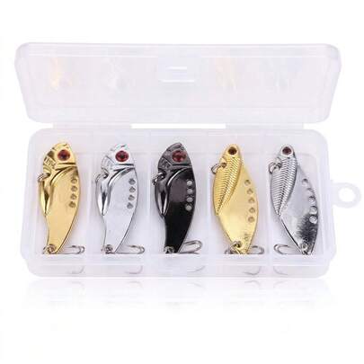  Hengjia Fishing Tackle 5pcs Box Set Vib Lure Long Range Suit, Gold Silver Black Bionic Lure Metal Sequins, Full Set Micro Bait Vibration Shaking Swimming Suit Box, 5.5cm/5cm 11g