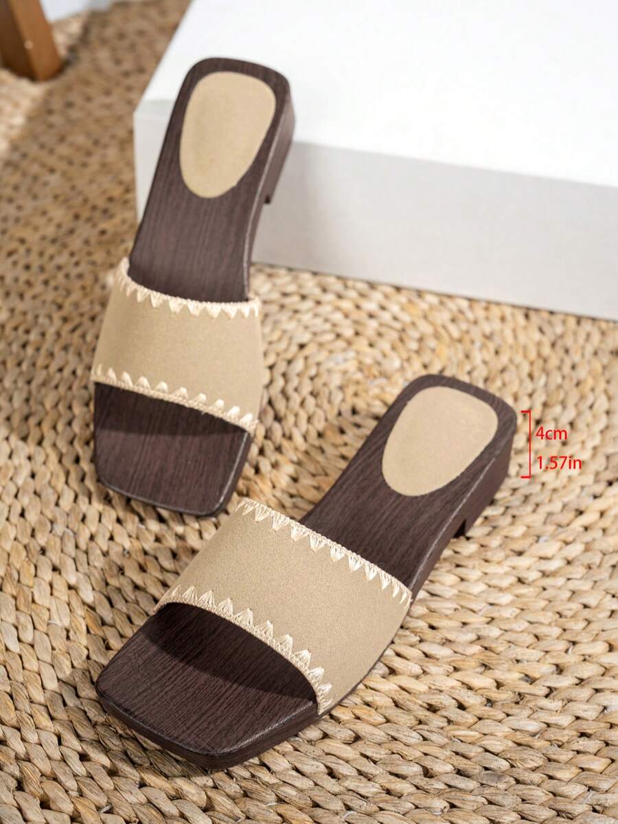 Sandal nữ kiểu retro với quai răng cưa, mũi vuông, gót chunky, kiểu dép xỏ ngón, đa năng cho việc đi lại hàng ngày. - Màu be - Xem 1