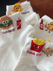 8双/4双装 女士可爱卡通汉堡、薯条、披萨图案趣味柔软透气吸湿休闲运动袜 - 彩色 - 查看 8