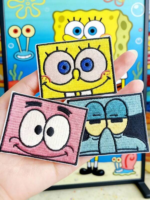  3pcs/1pc, SpongeBob SquarePants Cartoon Self Adhesive Ironing Patch Set, Fun DIY Creative Decorative Patch, Valentine's Day Gift, Essential For Back To School. SpongeBob SquarePants, Patrick Star