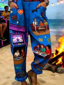 Arcade Game Scene All-Over Print Women's Adjustable Strap Jumpsuit, Polyester Fiber Fabric, Lightweight And Breathable, Women's Clothing, Standard Size Jumpsuit, Plus Size Women's Clothing, Plus Size Jumpsuit And Romper, Plus Size Jumpsuit - 彩色 - 查看 2