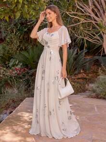 UNITHORSE Women's Sweetheart Neck Ruffle Sleeve Pleated Bust Fitted Chiffon Evening Dress - Apricot - View 4