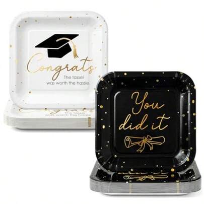 100pcs 2026 Graduation Party Decoration Plates Set 7" Square Disposable Graduation Paper Plates Class Of 2026 Dert Dinnerware Set For Congrats Grad Holiday Party Favors Decor Black White