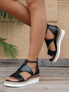 New Casual Hemp Rope Woven Wedge Platform Roman Sandals, Black Open Toe Hollow Out Holiday Sandals For Women - Black - View 3
