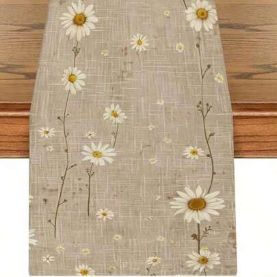 1pc Linen Country Style Daisy Full Print Table Runner, Polyester Decorative Table Runner Suitable For Home, Country Inn, Dining Table, Bedroom And Foyer