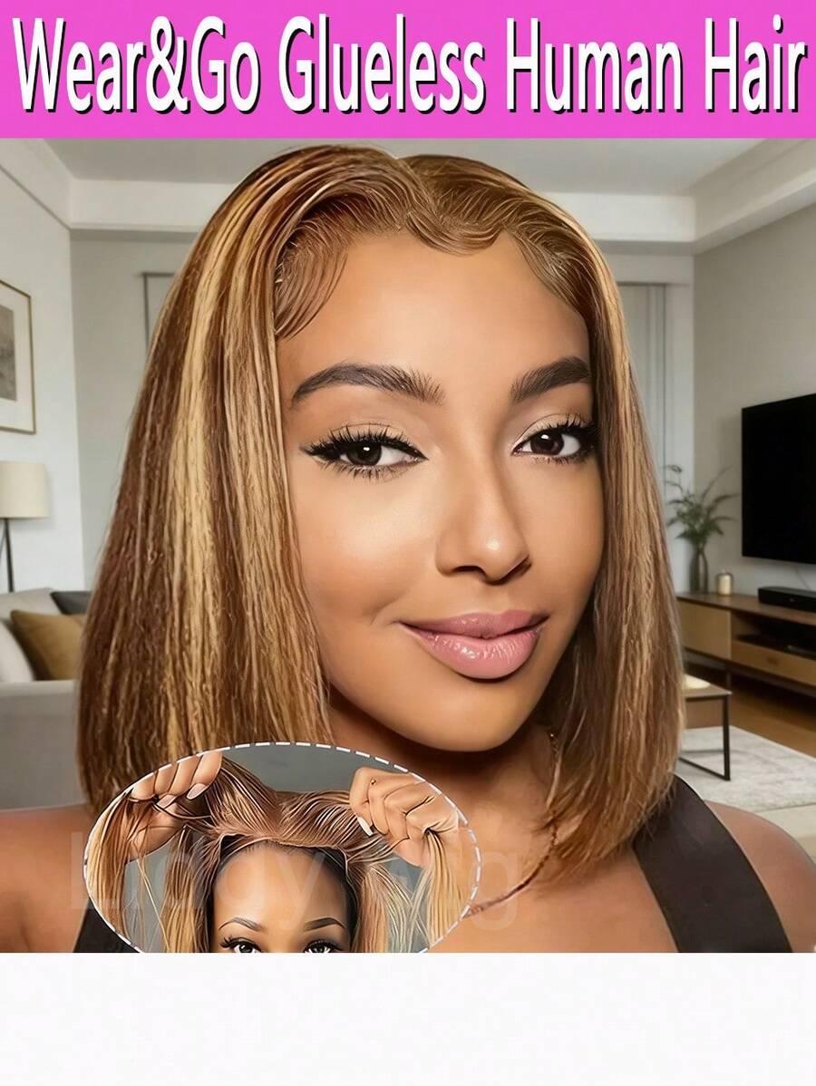 Highlight 100% Human Hair Bob Wigs 5x5 Glueless Lace Wig Human Hair HD Lace Frontal Short Straight Lace Front Wigs For Women Pre Plucked Glueless Free Part 180% Density Honey Blonde With Brown Wig For Party, Cosplay, Daily Use - P4/27--Glueless Lace - 查看 1